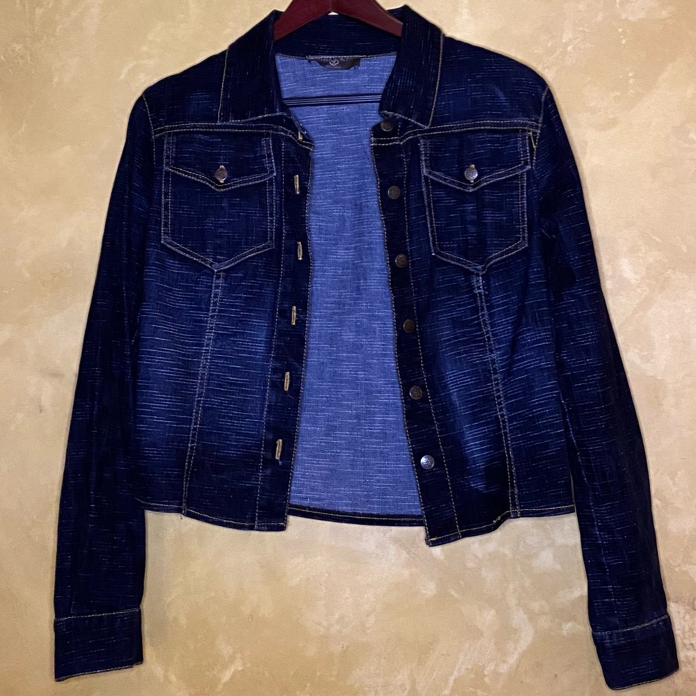 Miss Paris Dark Blue Jean and Velvet Jacket fits like S/M.